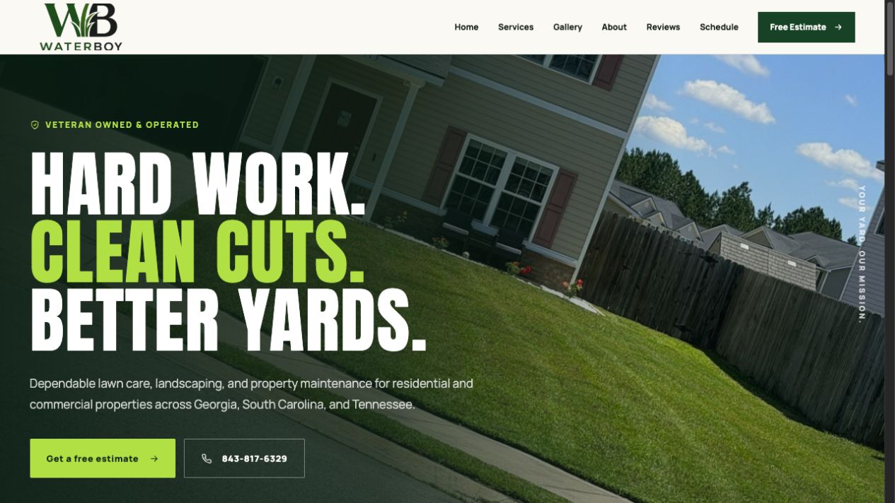 WaterBoy Landscaping homepage featuring a residential lawn